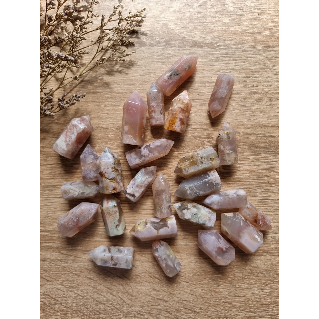 Trụ mã não hoa anh đào mini (Blossom Agate), dùng thanh tẩy trong Tarot, Reiki, thiền định, trụ phong thủy
