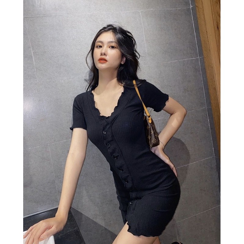 Đầm body bèo nút tay ngắn ôm body I HHVINTAGE