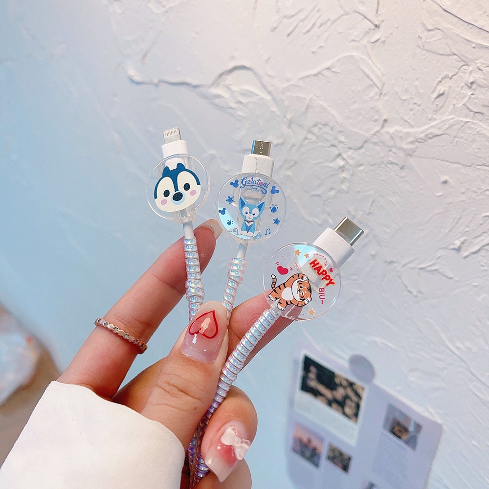 Vỏ Bọc Bảo Vệ Cáp Sạc USB Trong Suốt Màu Laser Họa Tiết Hoạt Hình Cho Iphone Android Typc-c