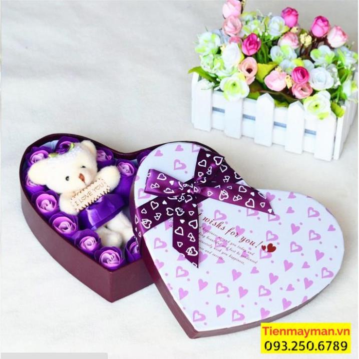 Quà tặng bạn gái 14-2 8/3 - Hộp Hoa Hồng Sáp Thơm Trái Tim 20 Bông + gấu bông + tặng kèm 1 thỏi Son và Thiệp
