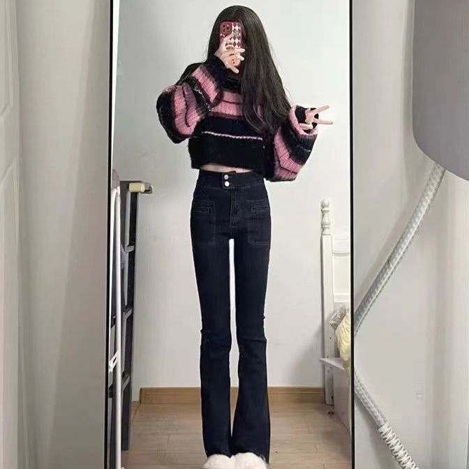 Áo Sweater Trễ Vai Kẻ Sọc Màu Hồng Phong Cách Mới Mùa Thu Cho Nữ