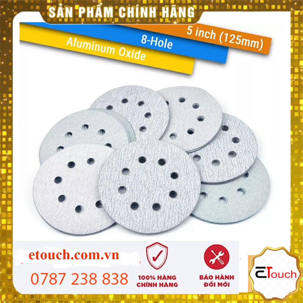 Giấy nhám tròn, nhám tròn 125mm, 8 lỗ hút bụi, lưng nỉ, bề mặt sản phẩm có lớp phủ stearate (màu trắng)