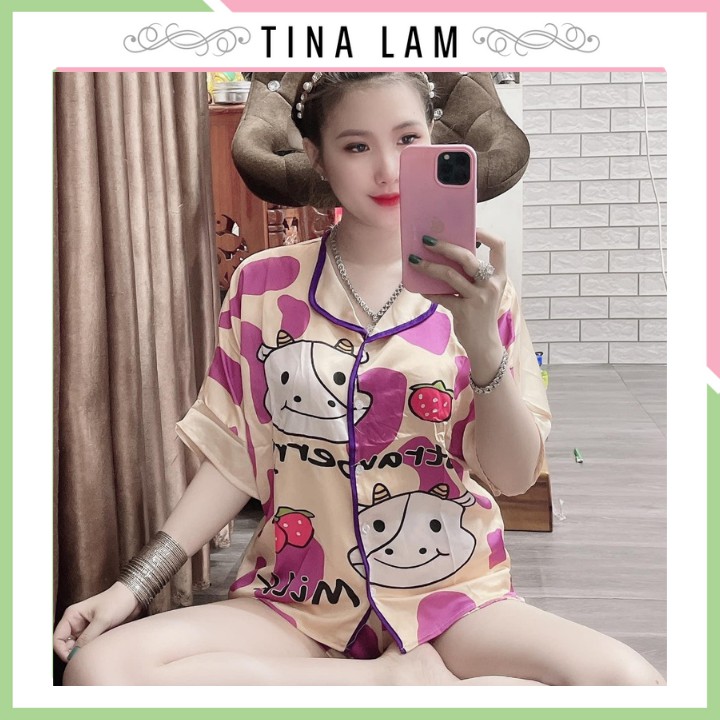 Đồ Bộ Pijama Phối Viền Quần Sort Tay Ngắn, Chất Lụa Satin Không Nhăn Cao Cấp từ TINALAM Shop luôn giúp bạn nữ đẹp gọn gà