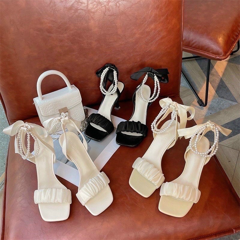 sandal cao gót 7cm quai ngọc thắt nơ sau xinh đẹp
