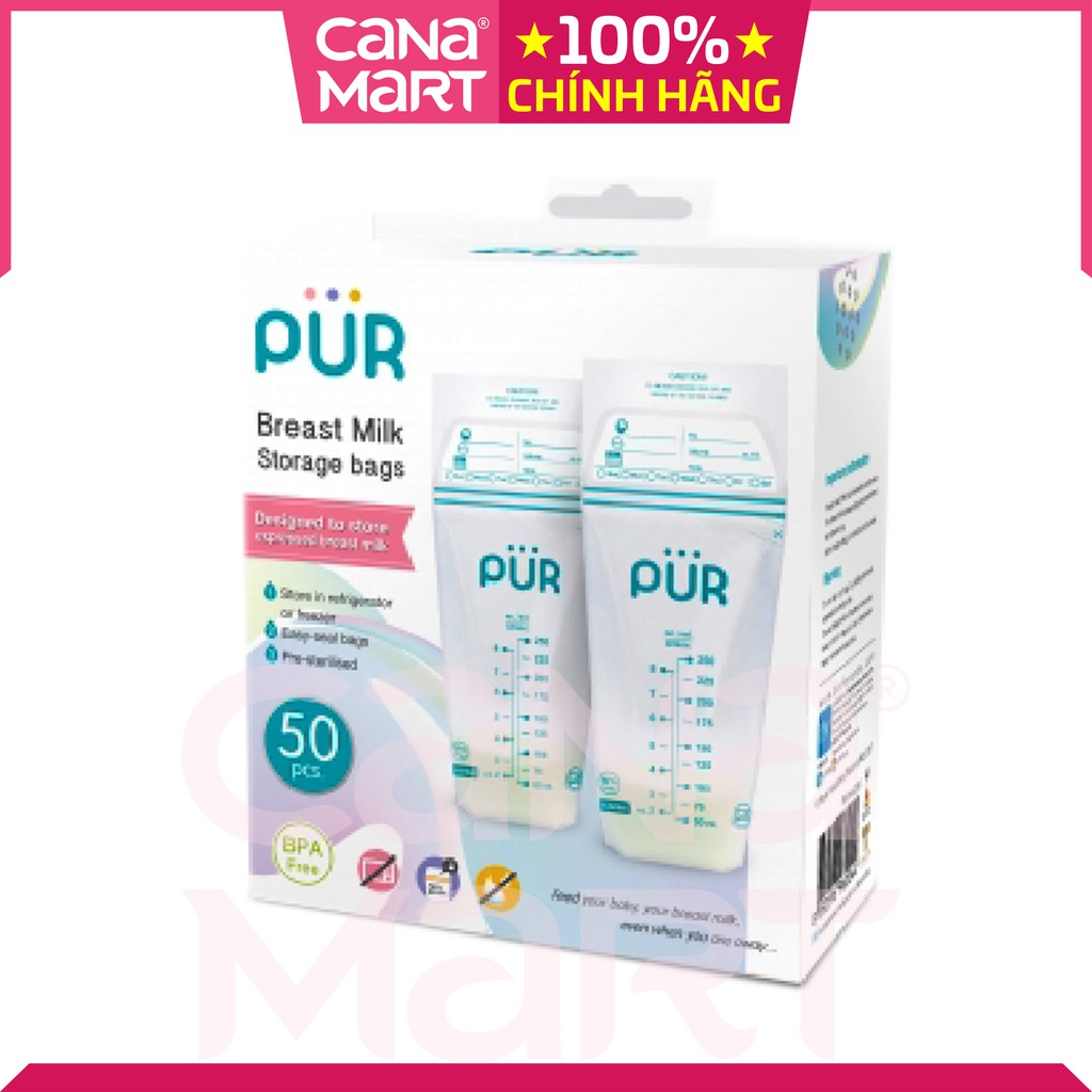 Túi trữ sữa có zip lock cho mẹ PUR (50 túi), Không chứa BPA, Khóa kéo đôi chống rò rỉ tối đa.