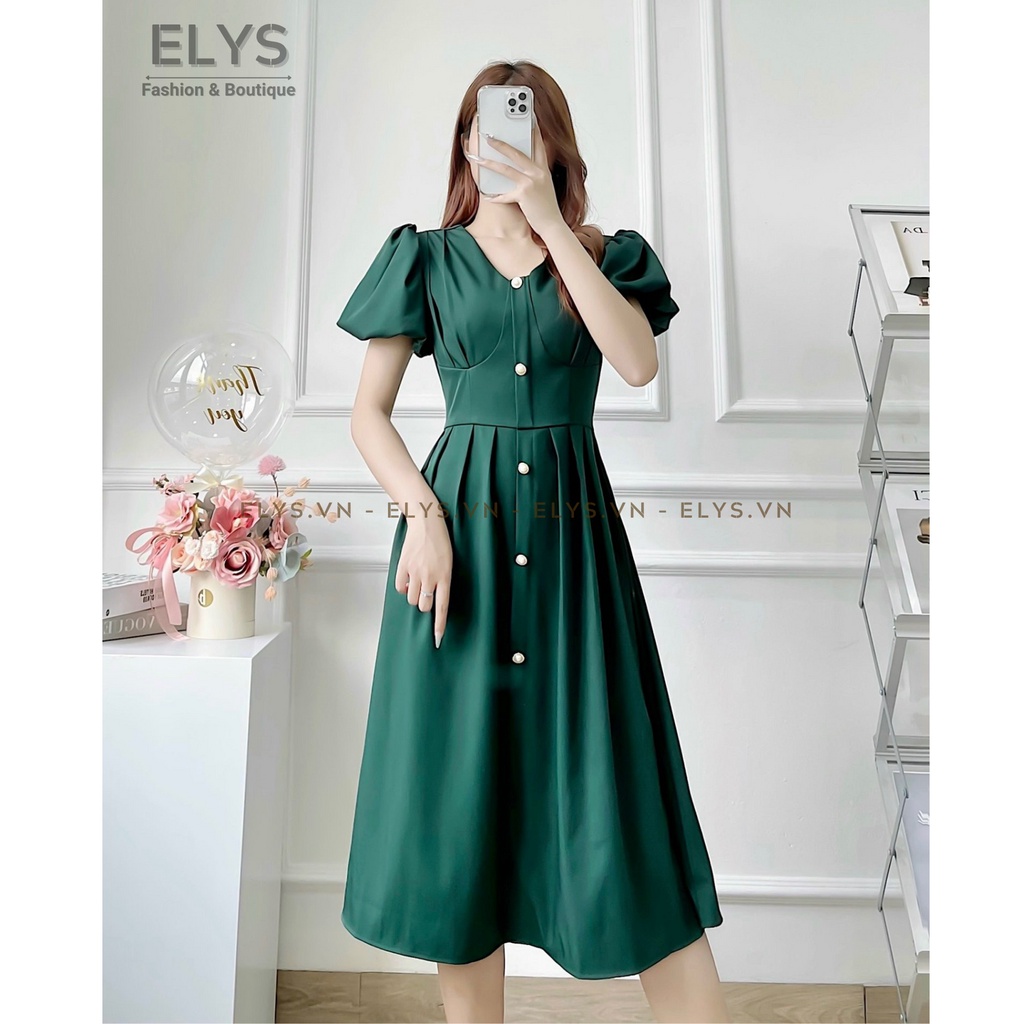 Váy Tiểu Thư Công Sở ELYS Thiết Kế Dáng Xòe Tay Bồng Phối Cúc Ngọc Cao Cấp LY019