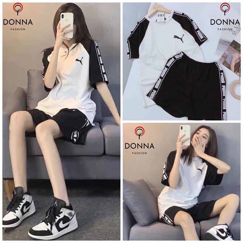 Bộ Đùi Cotton Tay Lỡ Unisex. Bộ Puma phối zalang hot trend. Donnafashion