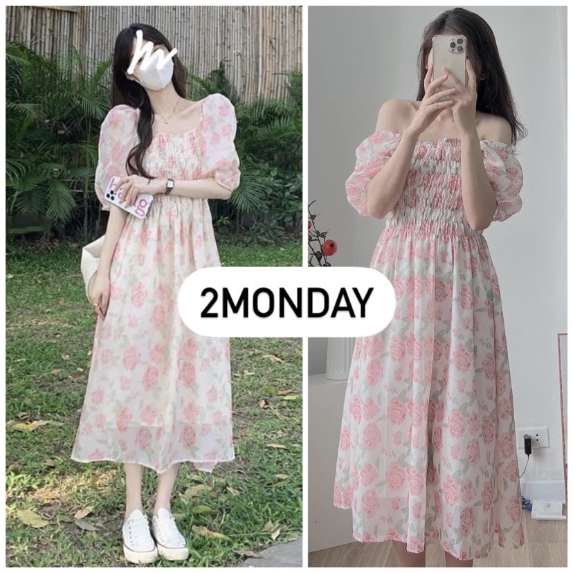[NEW/SẴN] VÁY ĐẦM HOA HỒNG CHUN NGỰC TAY BỔNG MẶC 2 KIỂU “MYLI DRESS” TRỄ VAI TIỂU THƯ