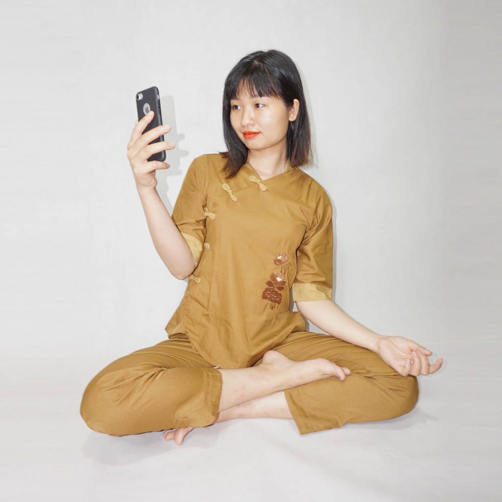 Đồ lam đi chùa Bộ đồ Phật tử Cổ tàu XẨM CHÉO Vải Kate Cotton Mịn Cúc sò bện tay Thêu sen - BCC1AN Anle Store