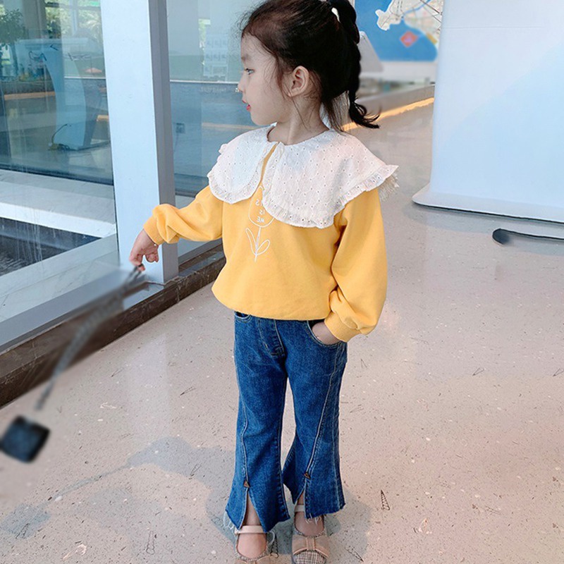 Quần Jeans Ống Loe Xẻ Tà Phong Cách Phương Tây Thời Trang Hàn Quốc Cho Bé Gái