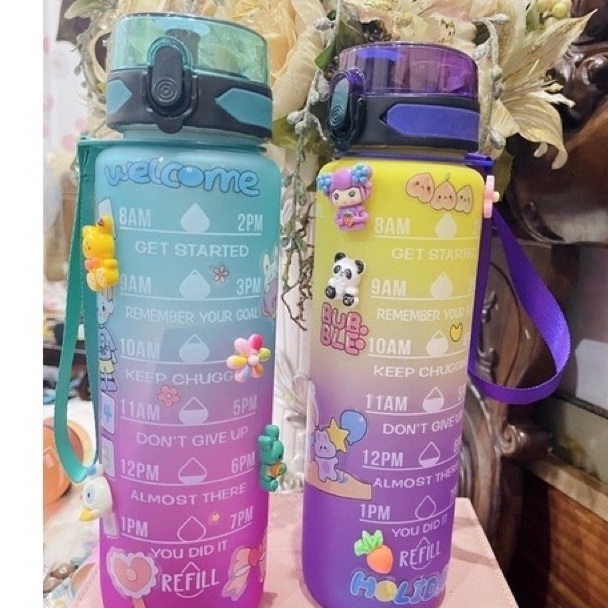 Bình nước 1 lít [ kèm Sticker] có vạch chia nhắc giờ dành cho người lười uống nước, bình đựng nước thể thao 1L