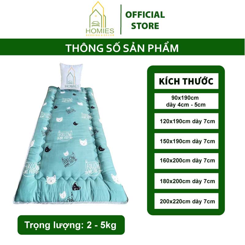 Kèm Túi Đựng - Topper nệm bông xuất Nhật HOMIES Bedding & Décor , Đệm Topper Đầu Mèo, Tấm làm mềm đệm