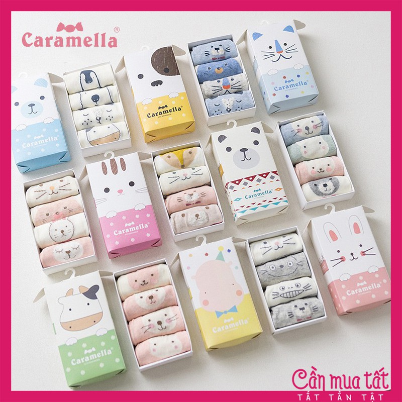 Tất Caramella cho trẻ em, set 4 đôi vớ kèm hộp hoặc túi zip đáng yêu cho bé cotton mềm mại, thoáng khí