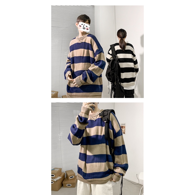 Áo sweater dệt kim dáng rộng kẻ sọc phong cách Hồng Kông thời trang thu đông cho cặp đôi