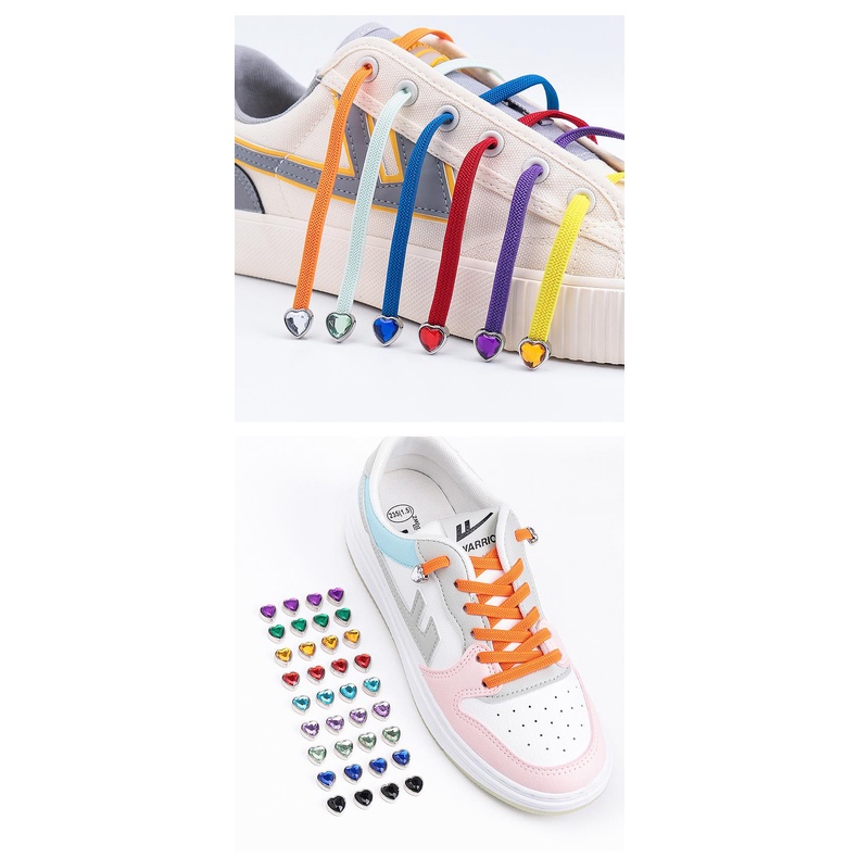 Dây Buộc Giày Mặt Phẳng 24 Màu Co Giãn Không Cần Buộc Hình Trái Tim Đính Kim Cương Cho Nam Nữ