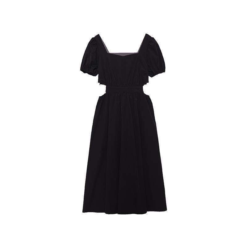 Đầm midi chữ A tay phồng màu đen phong cách Pháp thời trang mùa hè cho nữ
