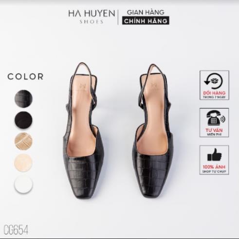 Giày cao gót nữ Hà Huyền Shoes vân da mũi vuông khoét eo bên quai hậu gót dẹt 5 phân - CG654 k