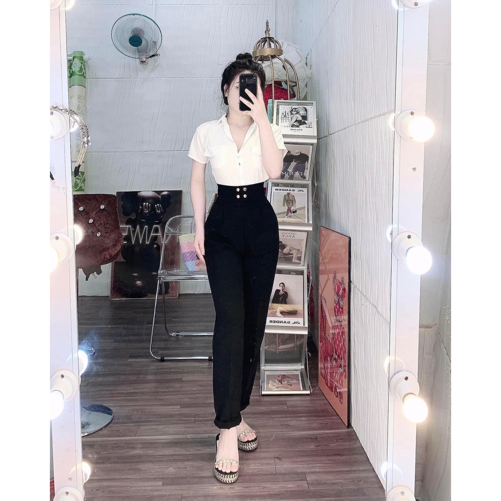 Set bộ áo sơ mi trắng 2 túi nắp tay ngắn quần tây baggy 4 nút công sở, đi làm, đi học