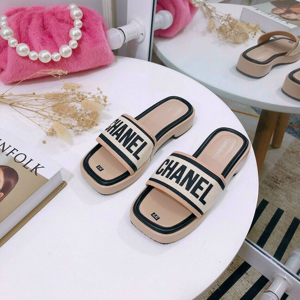 Dép nữ quai ngang đế bọc mũi vuông cao 2f chất canvas siêu êm phong cách Hàn Quốc