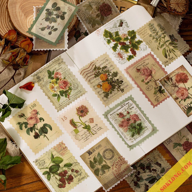 Set 60 tem dán Vintage hình thực vật, động vật - Sticker tem trang trí sổ tay, thiệp
