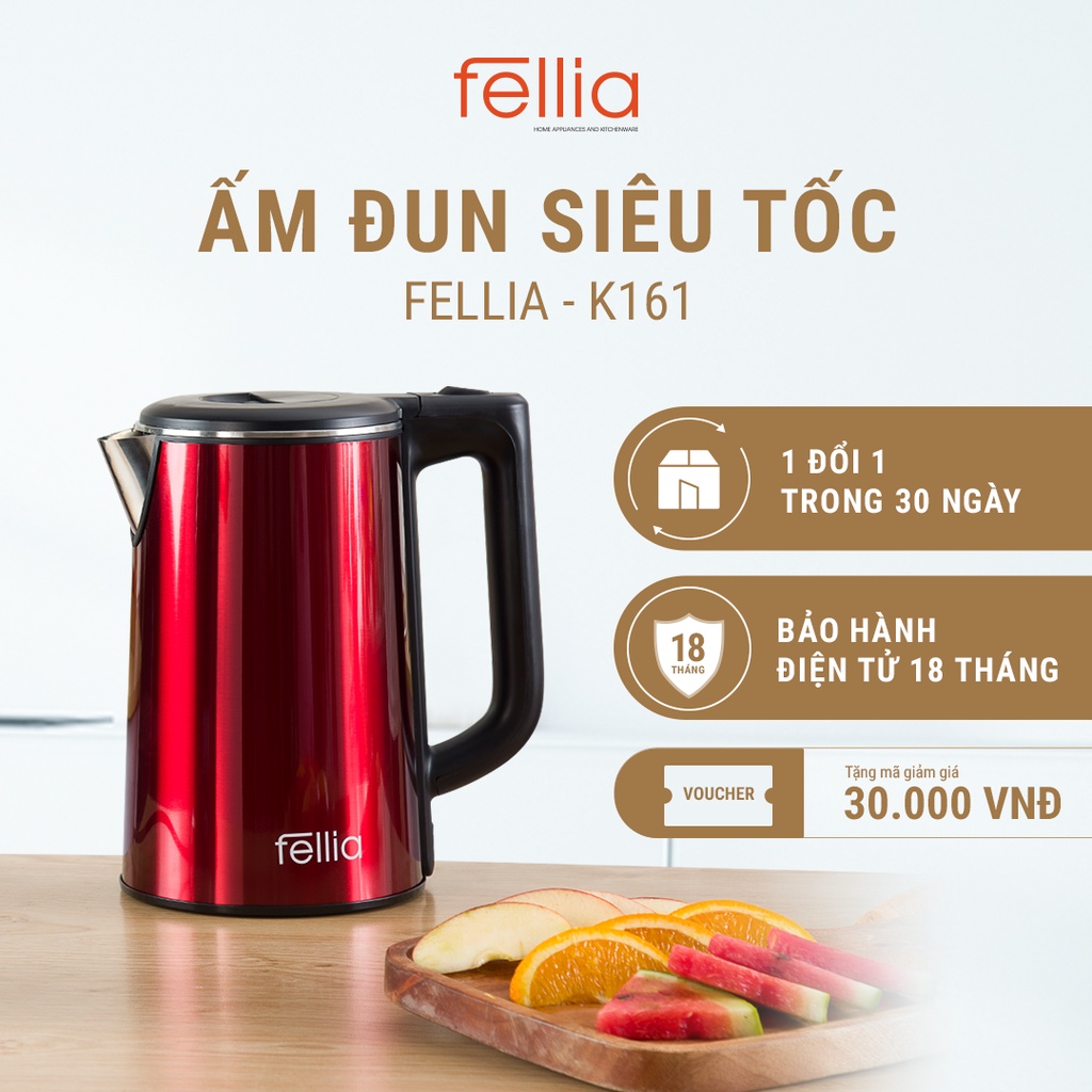 [LIFEM250-GIẢM 12%] Ấm đun siêu tốc Fellia K161 -1800W- Bảo hành 18 tháng- Mua 1 đổi 1 30 ngày về động cơ máy