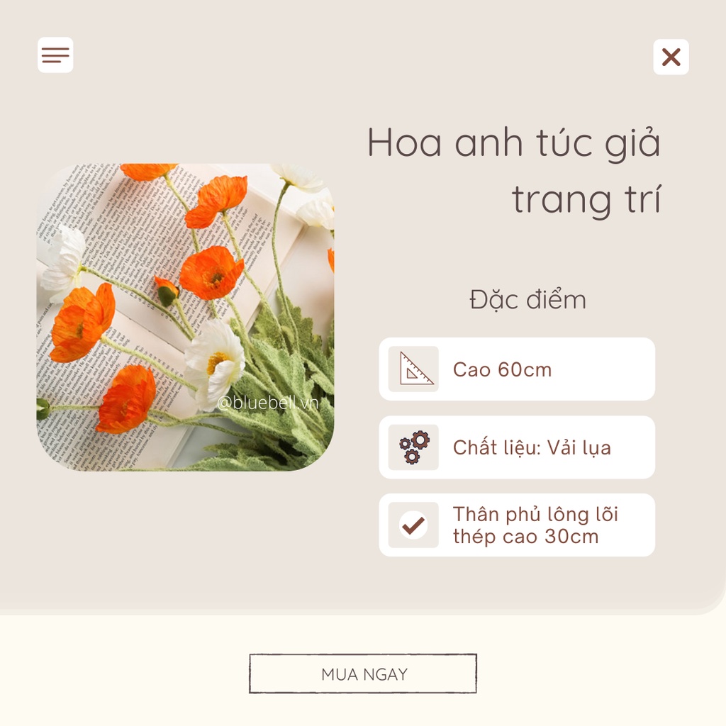 Hoa Anh Túc-Hoa Poppy-Hoa Kim Anh Giả Bằng Lụa 3 Bông 1 Nụ Trang Trí Nhà, Đạo Cụ Chụp Ảnh BlueBell
