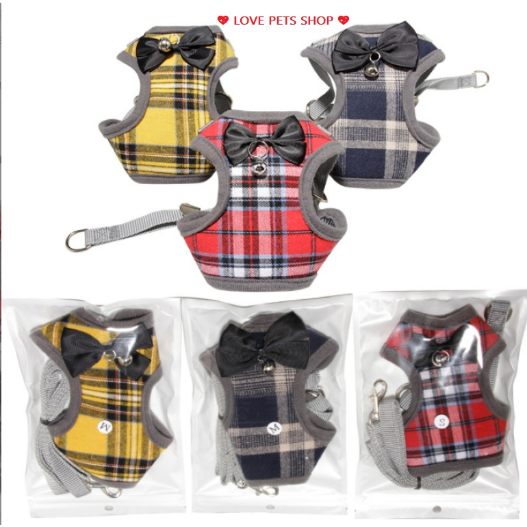 BỘ DÂY DẮT CHÓ MÈO KÈM YẾM SỌC CARO DỄ THƯƠNG - LOVE PETS SHOP