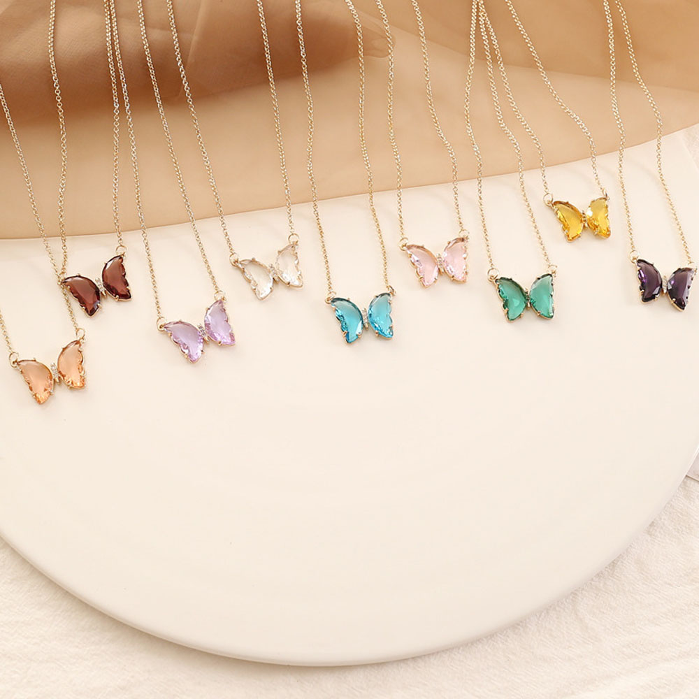 Dây chuyền mặt dây chuyền thủy tinh hình con bướm trong suốt nhiều màu sắc có chuỗi xương đòn đơn giàn cho nữ