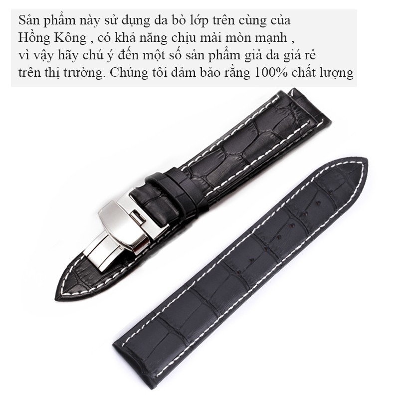 Dây đồng hồ da bò xịn SIZE 22mm, khóa bướm thép 316 (đen-B13