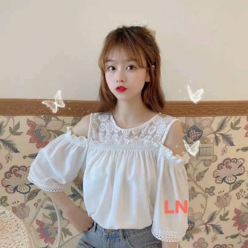 Áo sơmi von phối ren trễ vai DA45