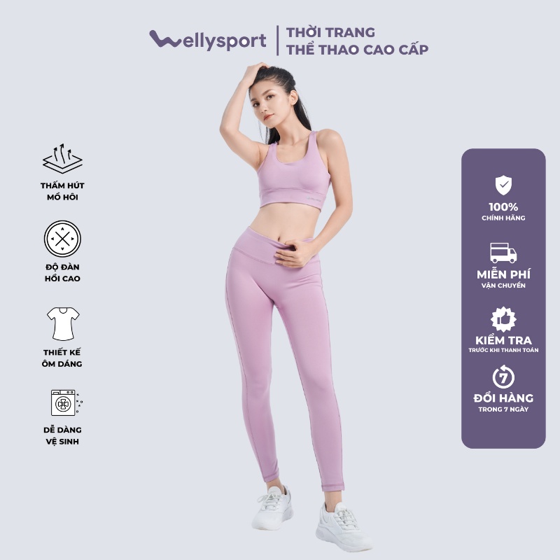 Bộ đồ tập yoga nữ, Gym Welly Sport, áo tập gym nữ  4 dây, quần lưng cao, màu tím Taro mã BTN04