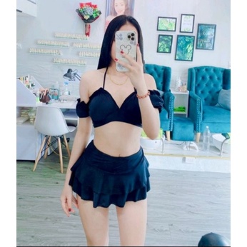 [HÌNH THẬT＋FEEDBACK]  Bikini nữ 2 mảnh màu đen tay bồng phối váy dễ thương VATIXA BKN77 ĐEN