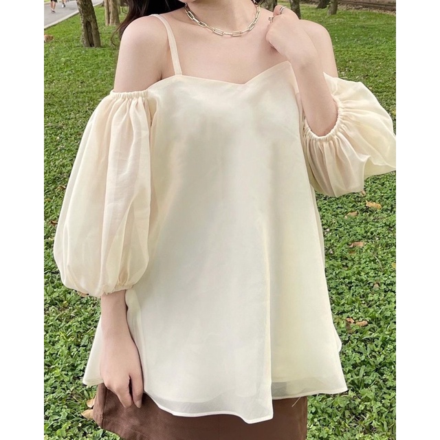 Áo trễ vai mặc 2 kiểu buộc DÂY VAI tay bồng voan tơ