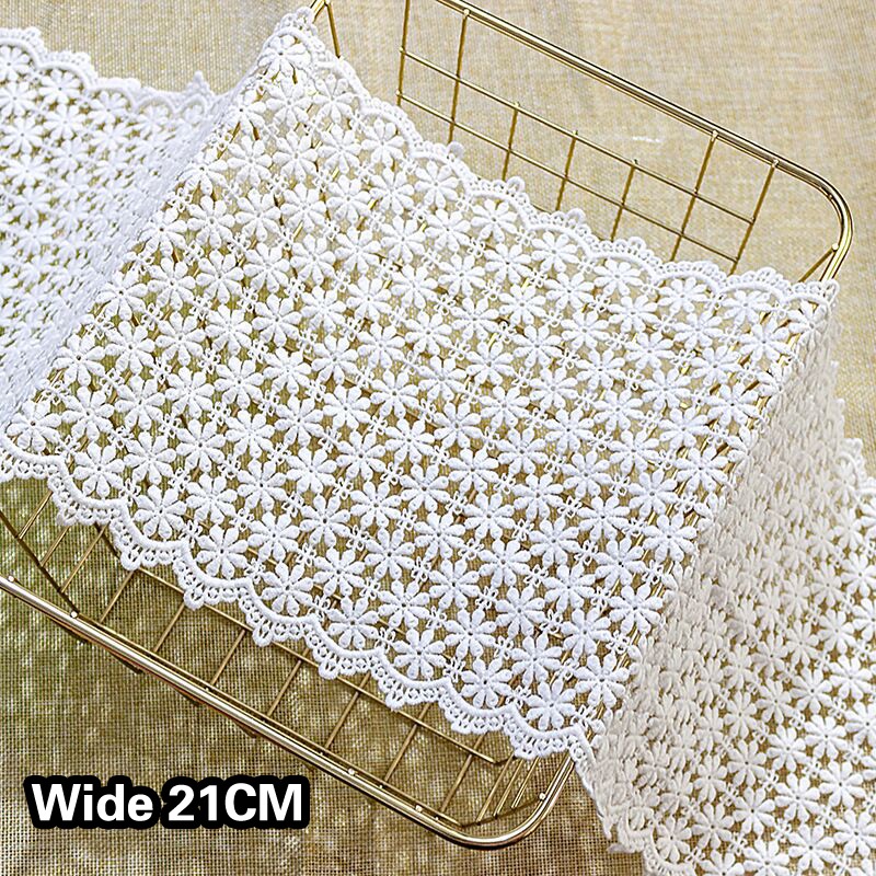 Dây Ruy Băng Cotton Trắng Rộng 21CM Thêu Ren Hoa Tinh Tế Trang Trí Cổ Áo / Rèm Cửa / Sofa