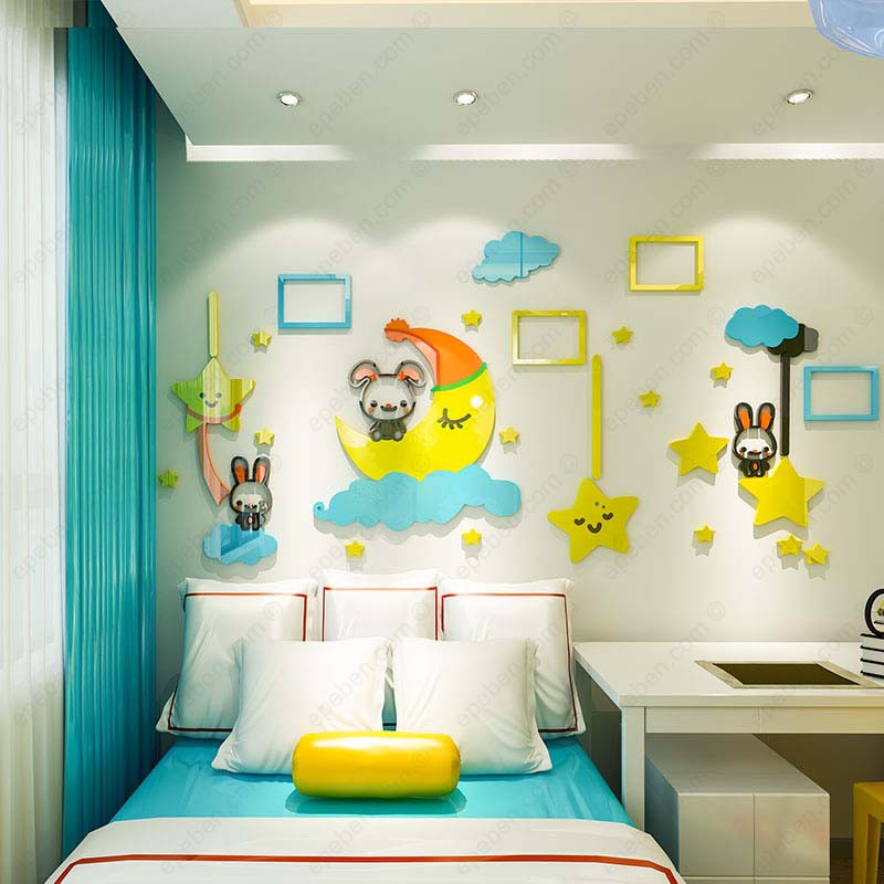 Tranh dán tường mica 3d decor khổ lớn khung ảnh trên bầu trời về đêm trang trí mầm non, phòng bé Nhiều Size - EPeBen