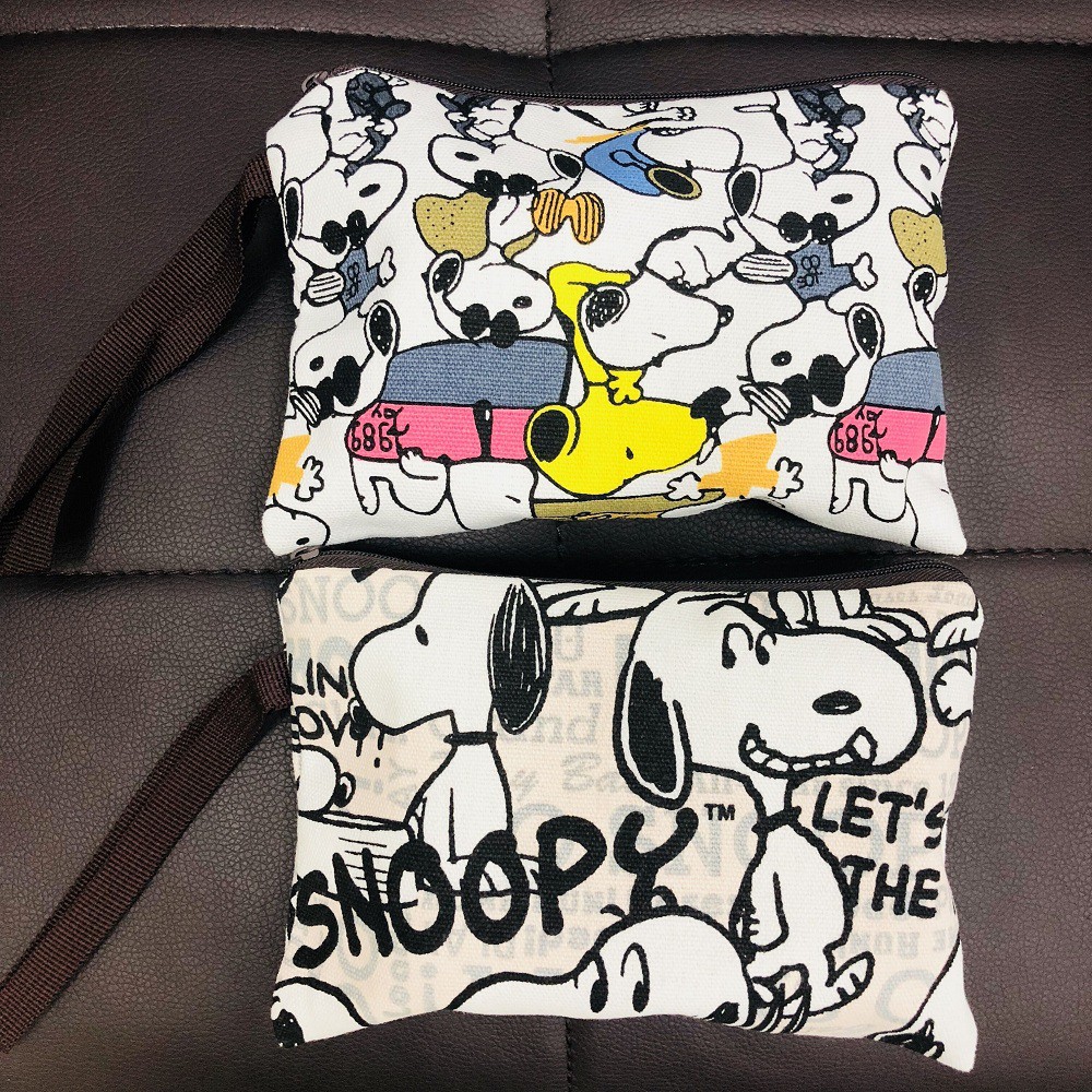 Túi đựng đồ trang điểm vải canvas in họa tiết snoopy phối khóa kéo dễ thương