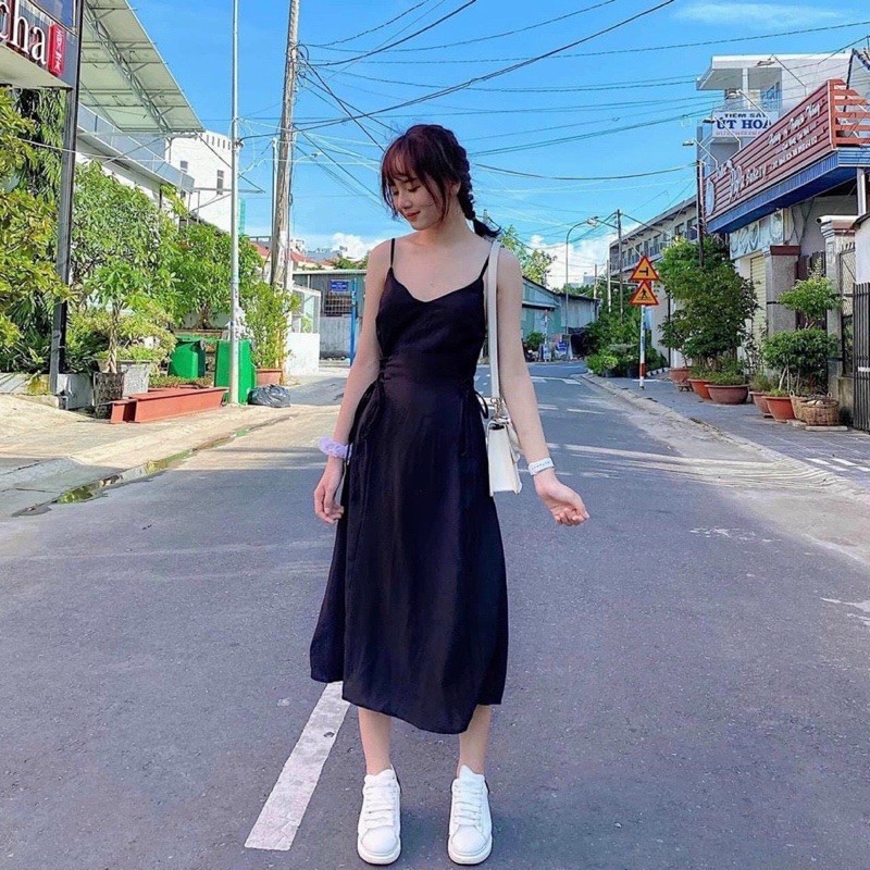 ♥️ ĐẦM MIDI ĐEN XOÈ 2 DÂY ĐAN EO - M01 ♥️