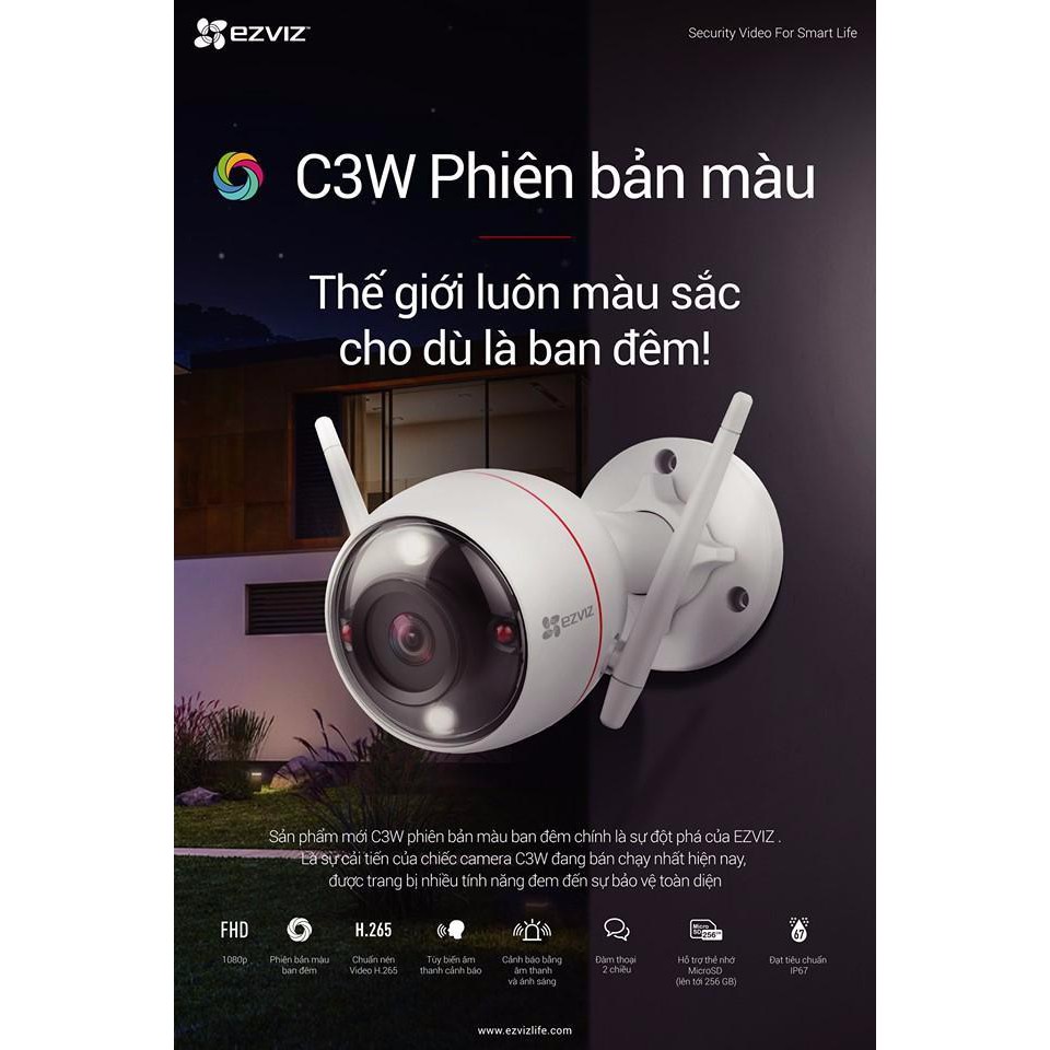 Camera EZVIZ C3W CS-CV310 (Color Night Vision) 2.0 Megapixel, ghi hình màu ban đêm, âm thanh 2 chiều, đèn và còi báo độn