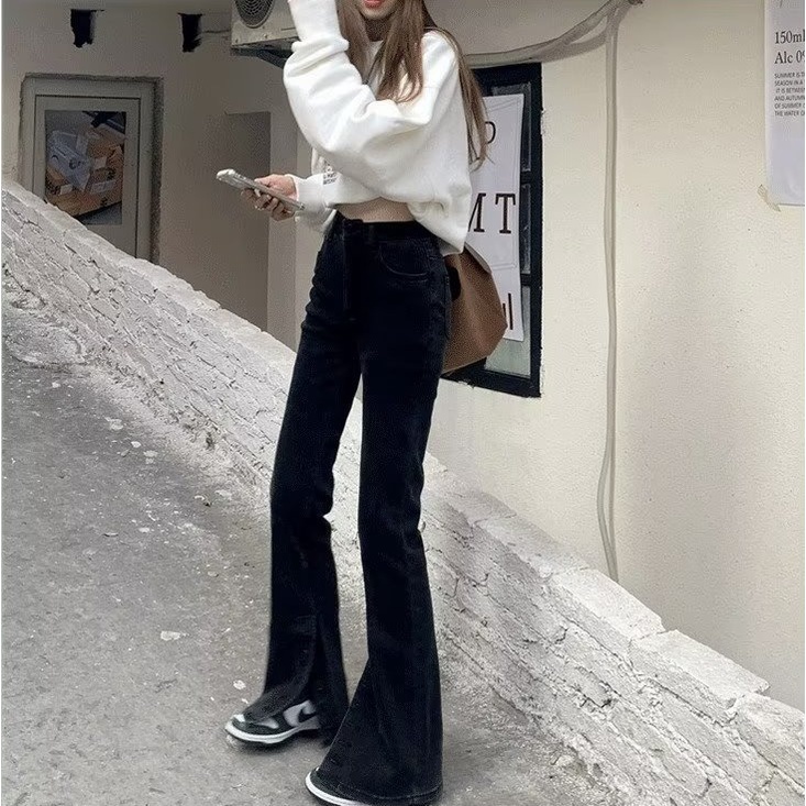 Quần jeans nữ Daduhey ống loe xẻ tà thời trang Hàn Quốc