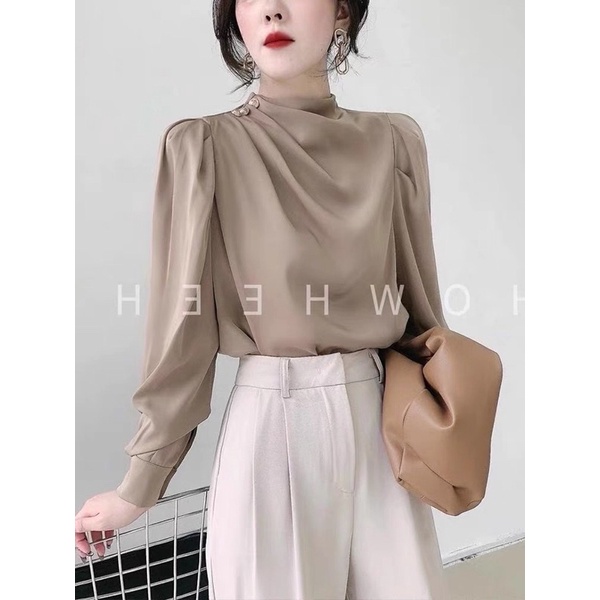 Áo sơ mi lụa tay phồng phong cách hàn quốc xếp nhún khuy vai sang chảnh chất liệu vải mềm mịn không nhăn nhàu mặc mátA13