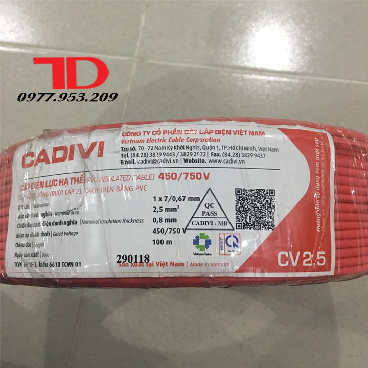 DÂY ĐIỆN ĐƠN CADIVI 2.5 - 100 MÉT