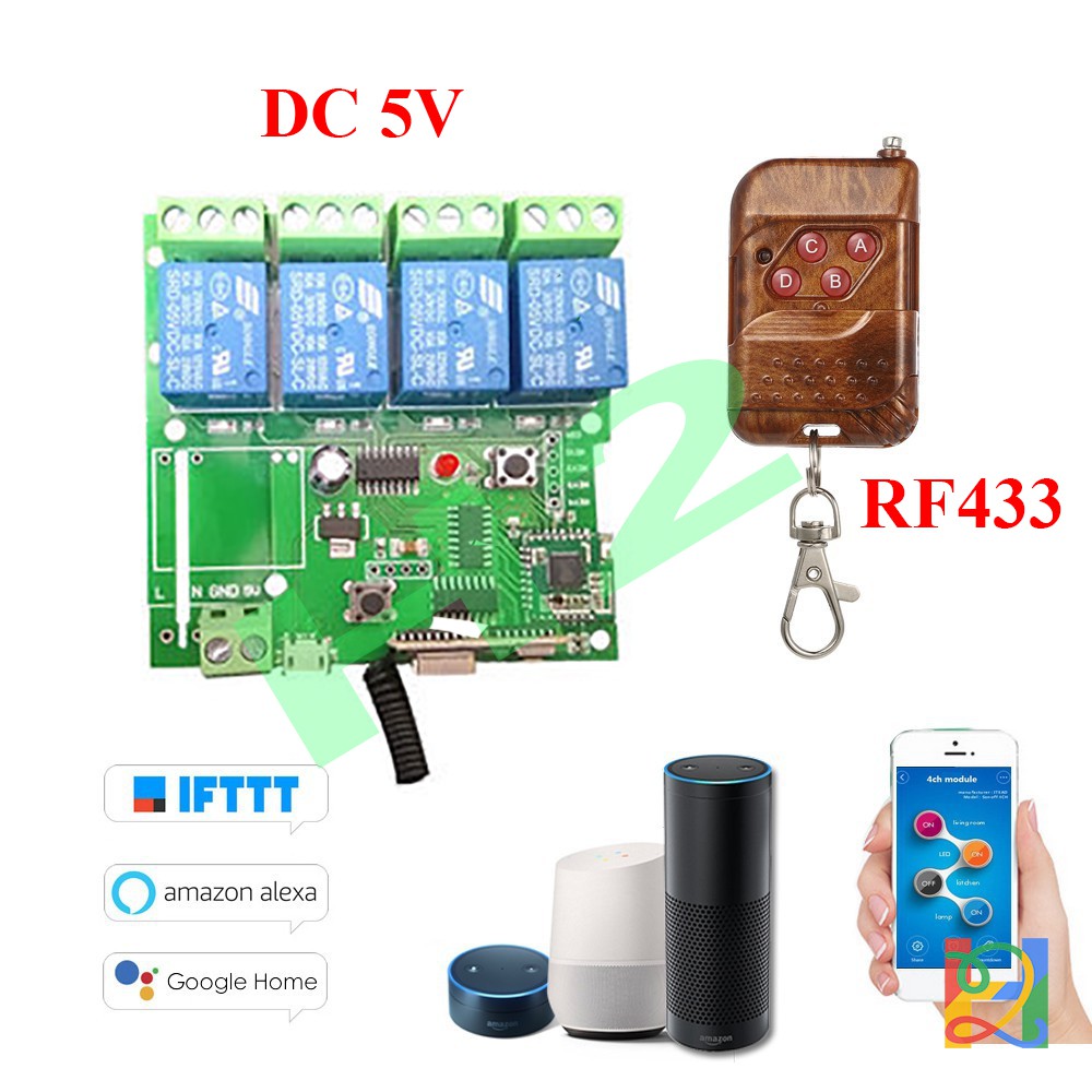 Bộ module điều khiển thiết bị trong nhà từ xa qua RF433, wifi, 3G, 4G Sonoff 4 kênh 5V DC