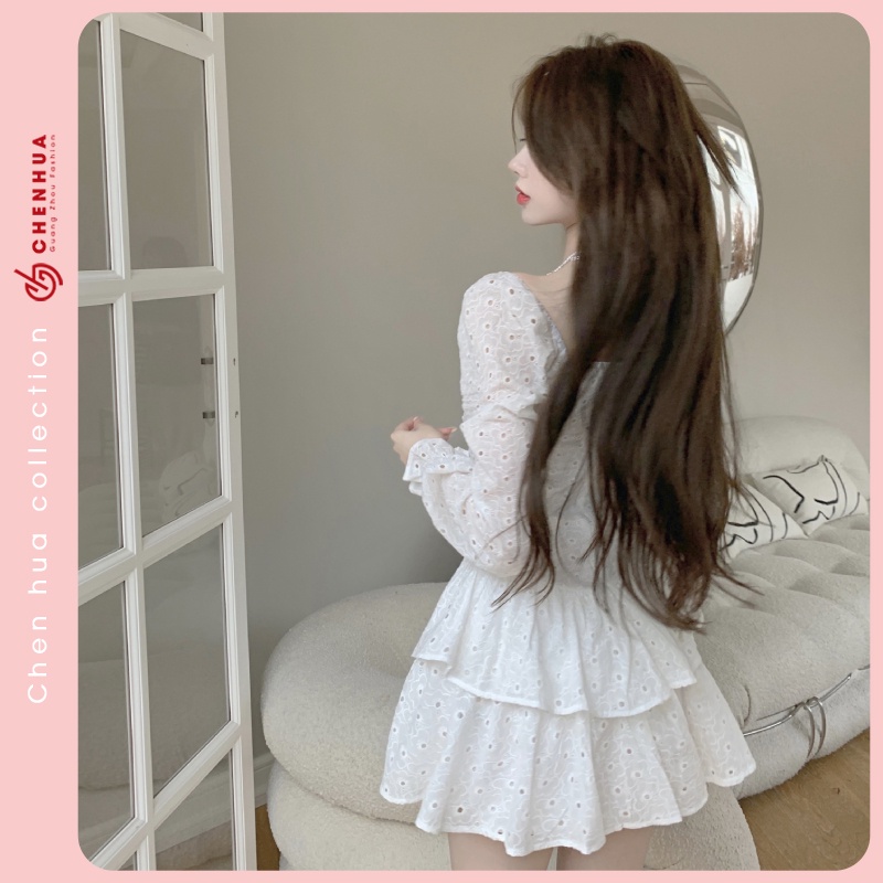 Váy bánh bèo HUAHUA đầm retro thắt eo dài tay xinh đẹp VT38