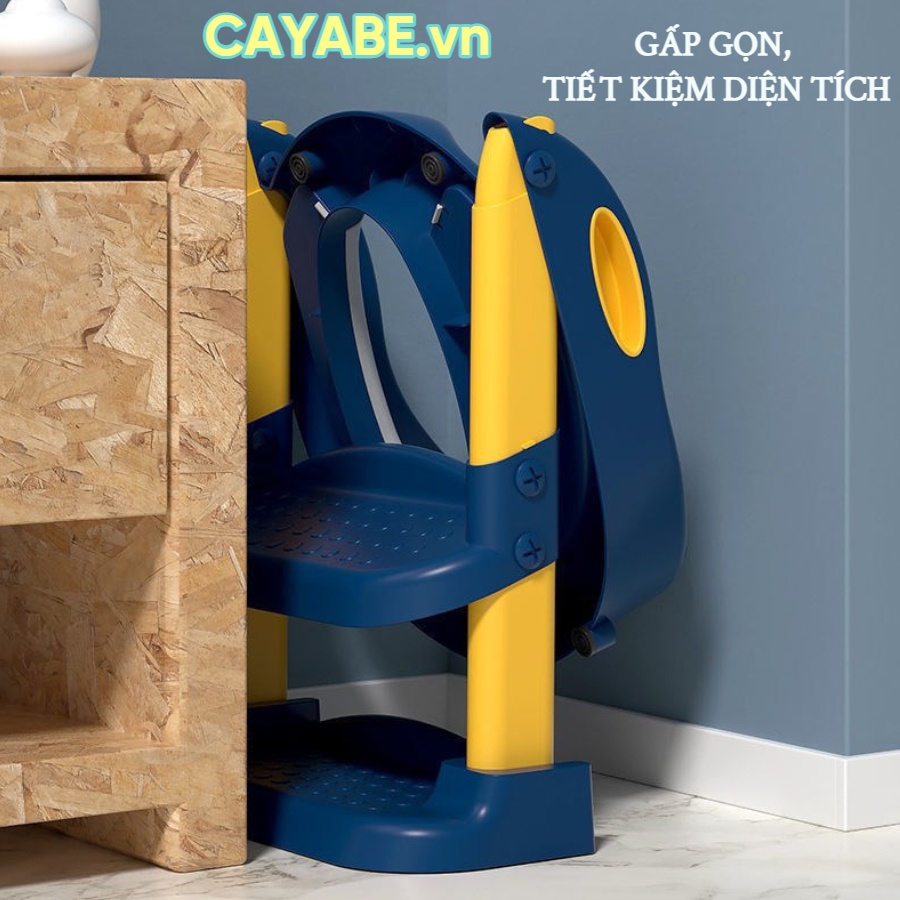Thang bô vệ sinh cho bé gấp gọn CAYABE gấu con, bệ nắp thu nhỏ bồn cầu cho bé có tay vịn và đệm êm ái màu xám - trắng