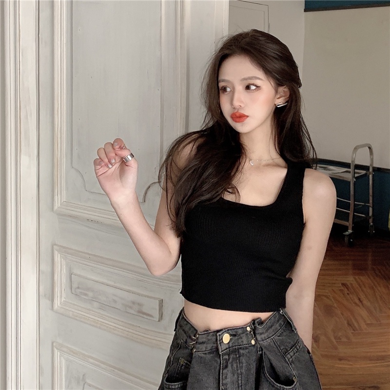 Porozi  Áo croptop  dệt kim không tay dáng ôm phong cách Hàn Quốc