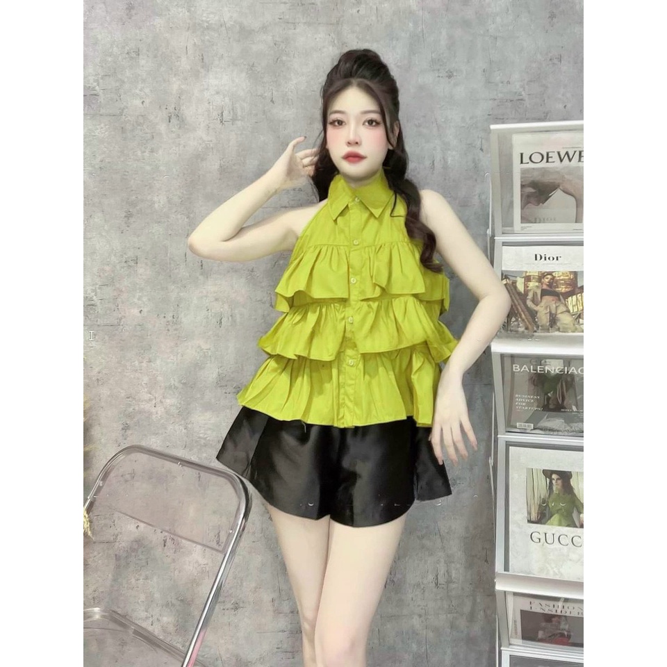 Sét bộ đùi nữ áo cổ bẻ sát nạch xếp tầng mix quần đùi xinh xắn trẻ trung