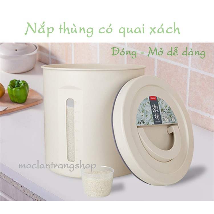 Thùng gạo nhựa tròn 5kg 10kg phong cách Bắc Âu cao cấp, hộp ngũ cốc đồ khô kín khít. Thùng đựng gạo nhìn được lượng gạo