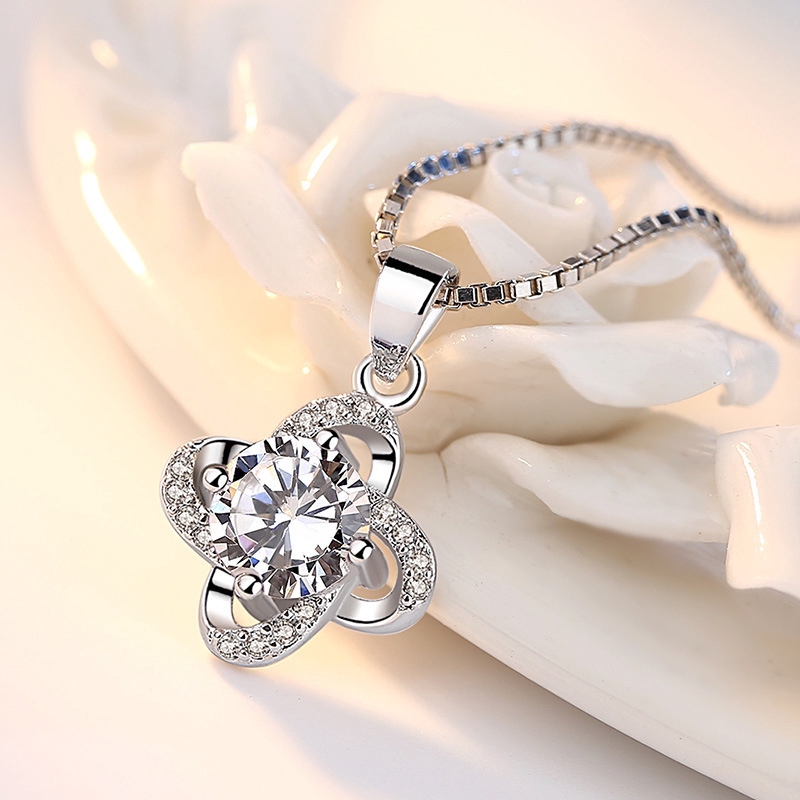 925 Silver Clover Necklace Korean Style Gemstones For Women
