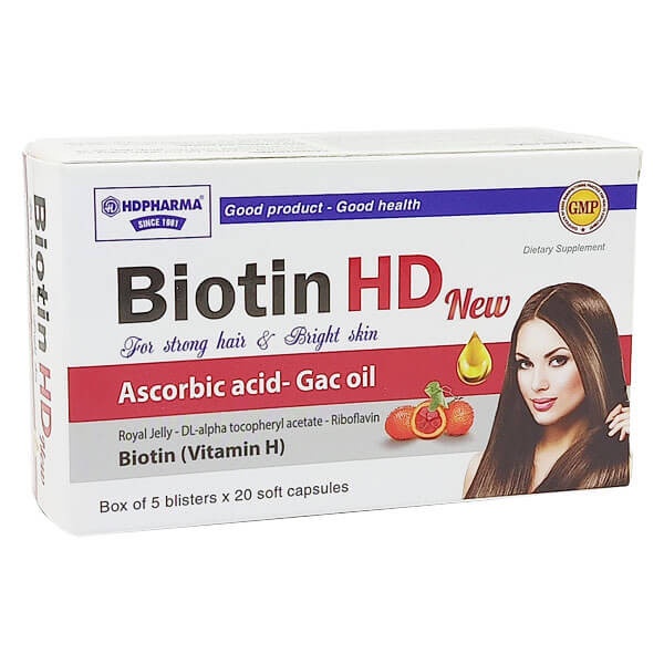 Viên uống Biotin HD New ,dầu gấc ,vitamin E ,sữa ong chúa ,vitamin B2. Hỗ trợ đẹp da, tóc, móng chắc khỏe. Hộp 100 viên