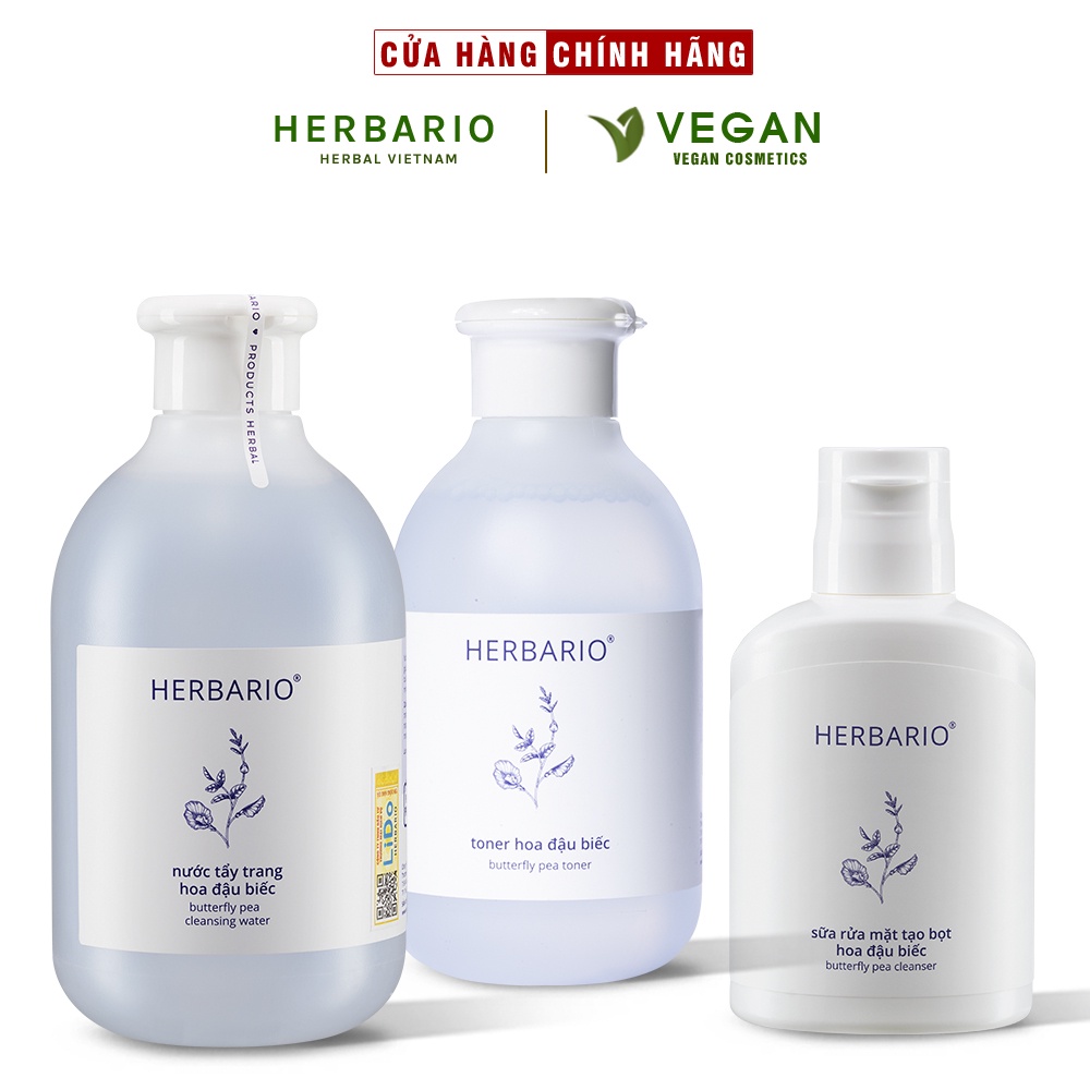 Bộ 3 Hoa Đậu Biếc Herbario chống lão hóa da: Nước tẩy trang 300ml + Toner 200ml + Sữa rửa mặt tạo bọt 100ml